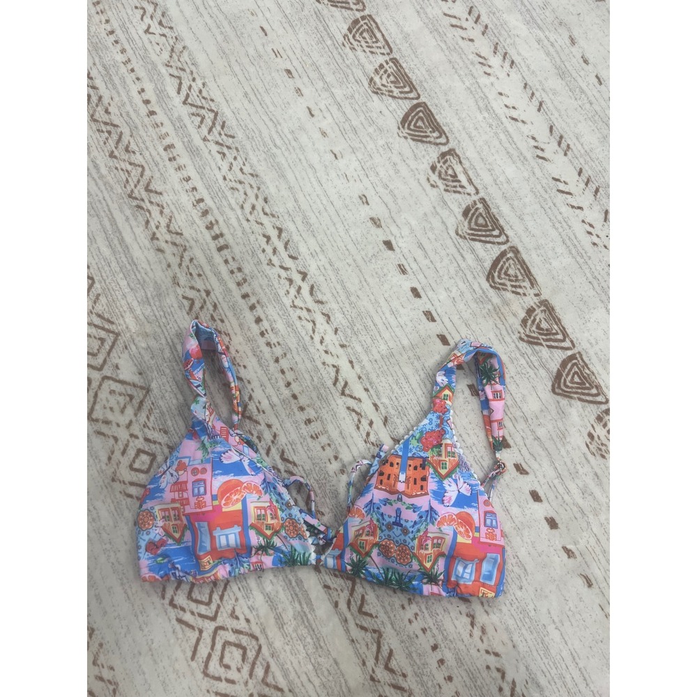 Womens Mediterranean Print Triangle Bikini Top‎ Pink Blue Scalloped Trim Small